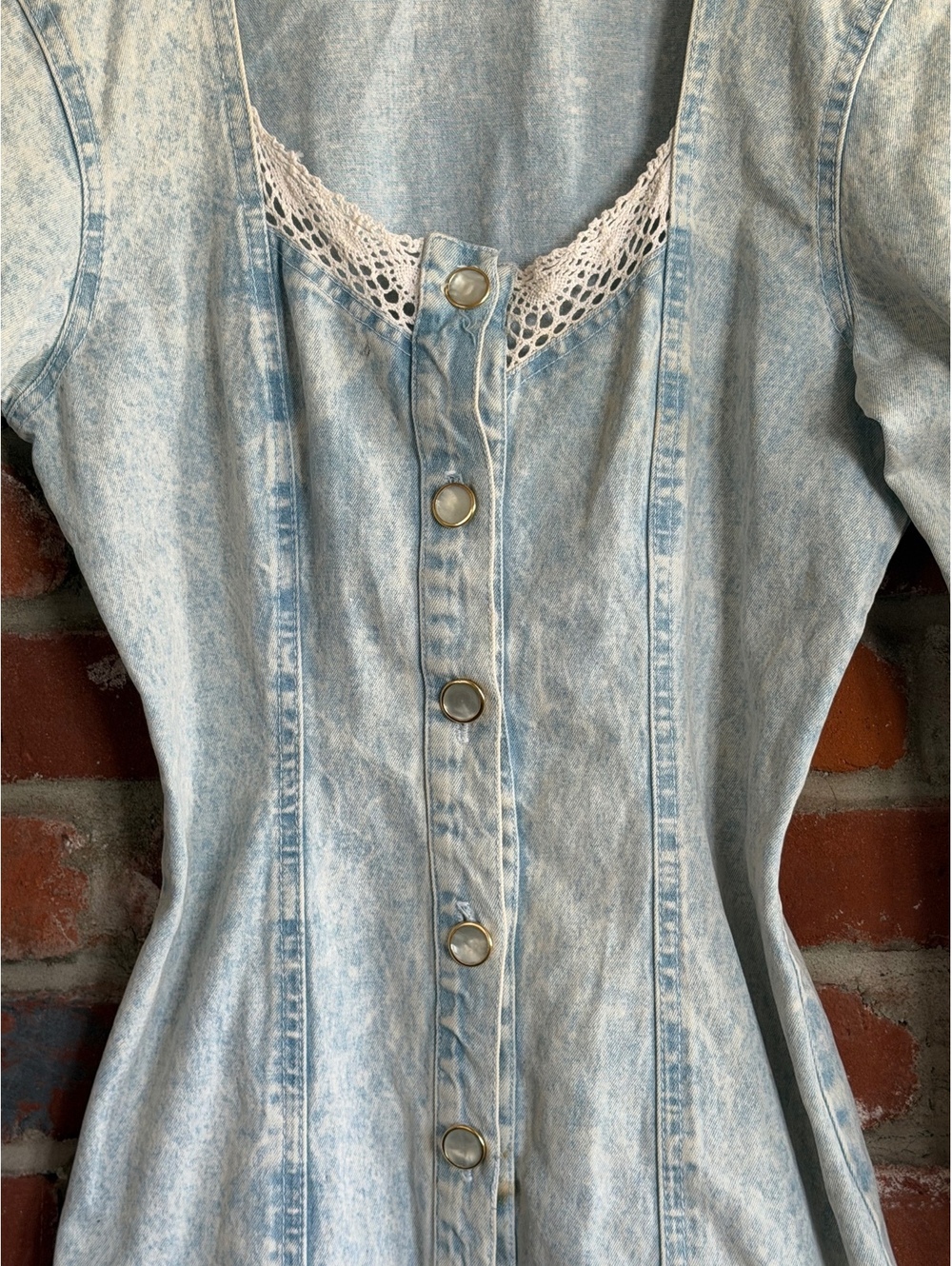 Vintage Acid Wash Denim Button-Front Dress with Lace Trim - Picture 5 of 6